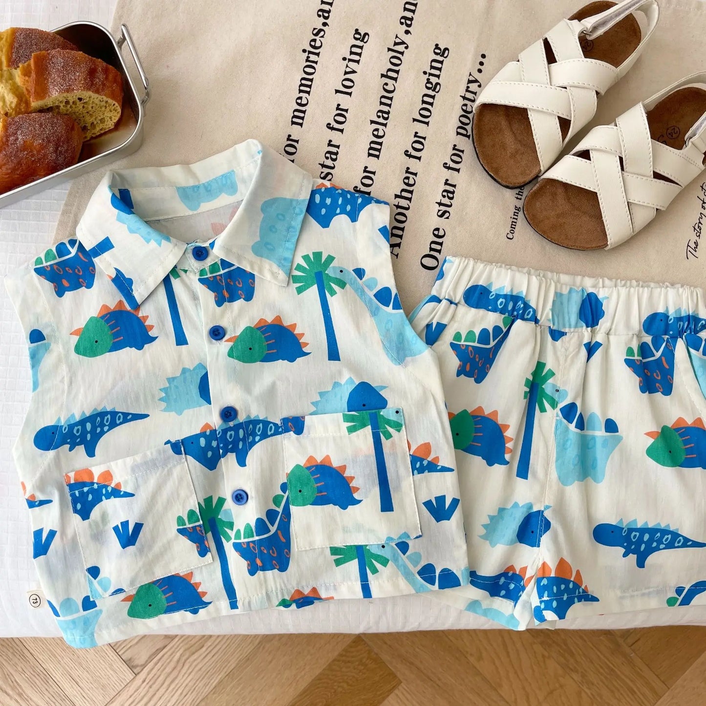 Kids Fashion 2-Piece Summer Beach Clothes Set for Toddler Boys Sleeveless Print Top Shirt+Shorts
