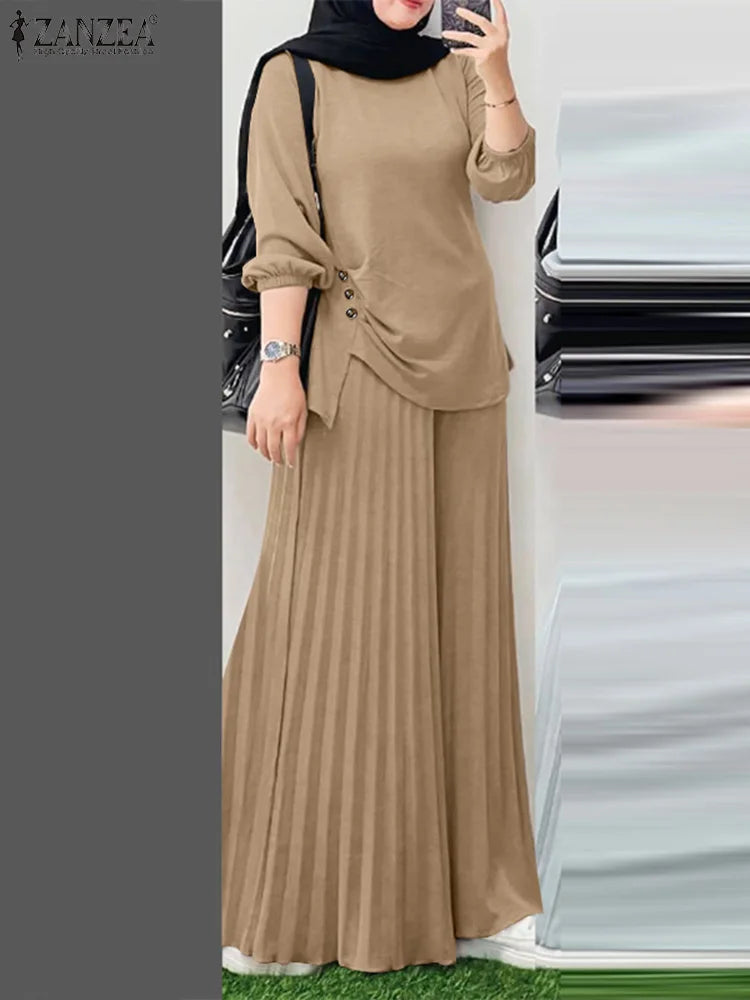 Autumn Matching Sets ZANZEA Outfits Casual Long Sleeve Tops Trousers Suit Solid Loose Tracksuit 2 Pieces Sets