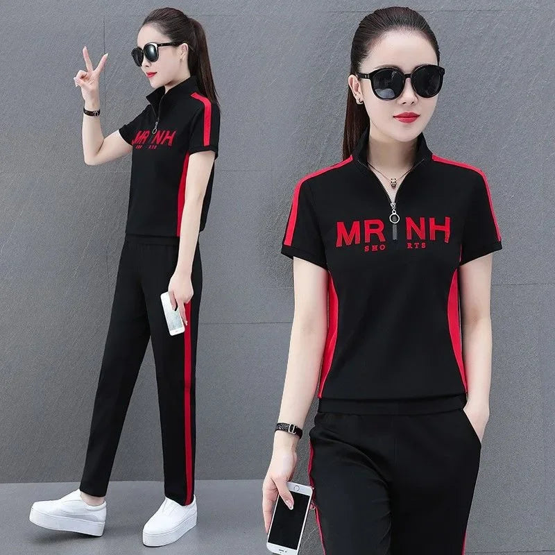 Fashionable Women's Sport Suit Summer New Style Slimming Casual 2-piece Set Age-reducing Running Clothes