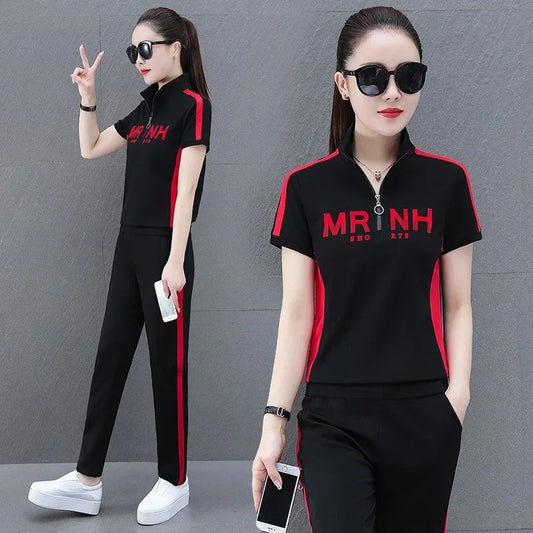 Fashionable Women's Sport Suit Summer New Style Slimming Casual 2-piece Set Age-reducing Running Clothes