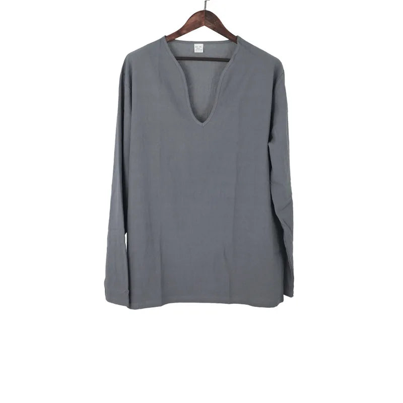 Men's Shirt Top V Neck Breathable Beach Shirt Long Sleeves Closure Regular Fit Solid Color Male Casual Shirt For Daily Vacation mon