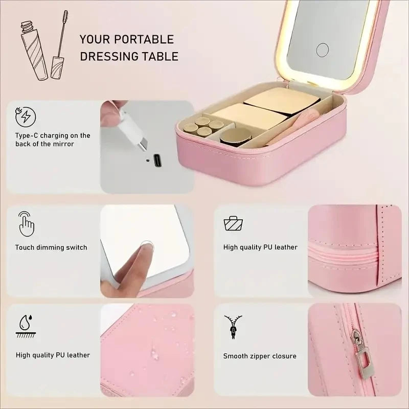 Pink LED Makeup Mirror with Jewelry Storage, 10X Magnification, Touch Control, USB Rechargeable, Compact Foldable Design