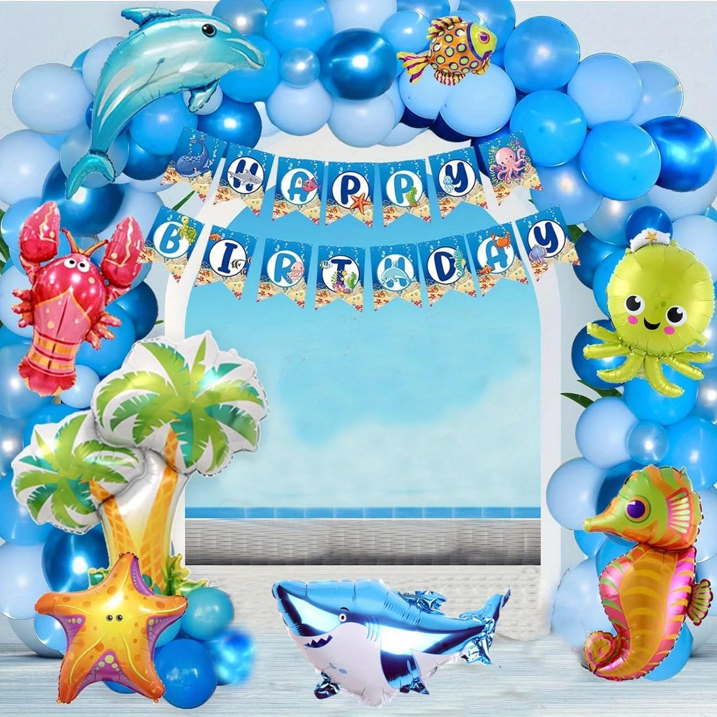 120pcs Ocean Themed Balloon Set, Blue Balloons and Marine Animals As Birthday Parties and Summer Outdoor Beach Decorations