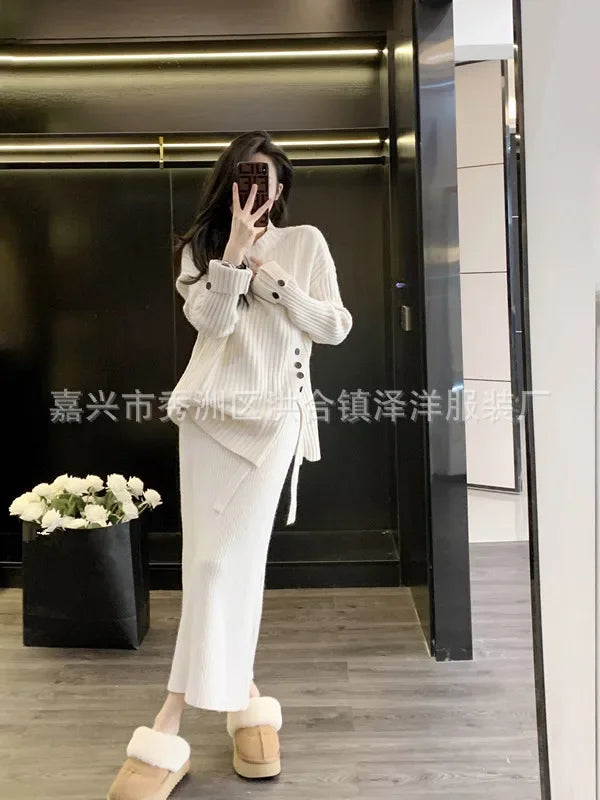 Knitted Sweater Two Piece Set Women's Autumn and Winter Thickened Comfortable Pullover Loose Sweater Tops and Knitted Dress Set