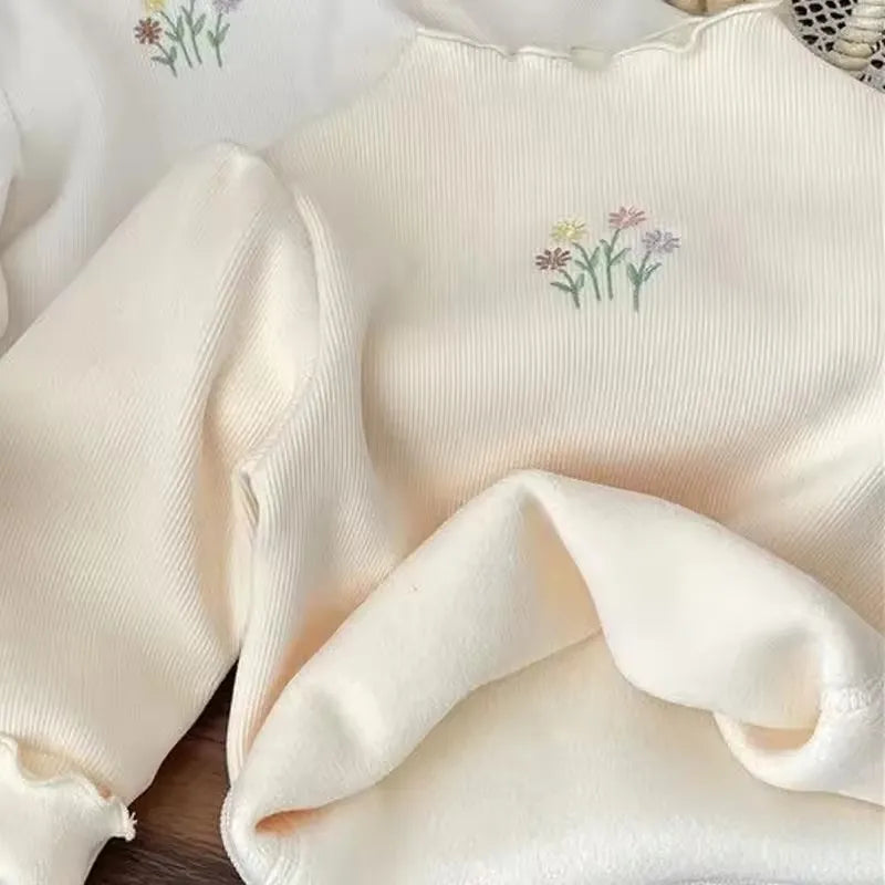 Autumn Winter Girls Bottoming Shirt Flower Embroidery Puff Sleeve Kids Baby Warm Thickening T-shirts Children Casual Tops