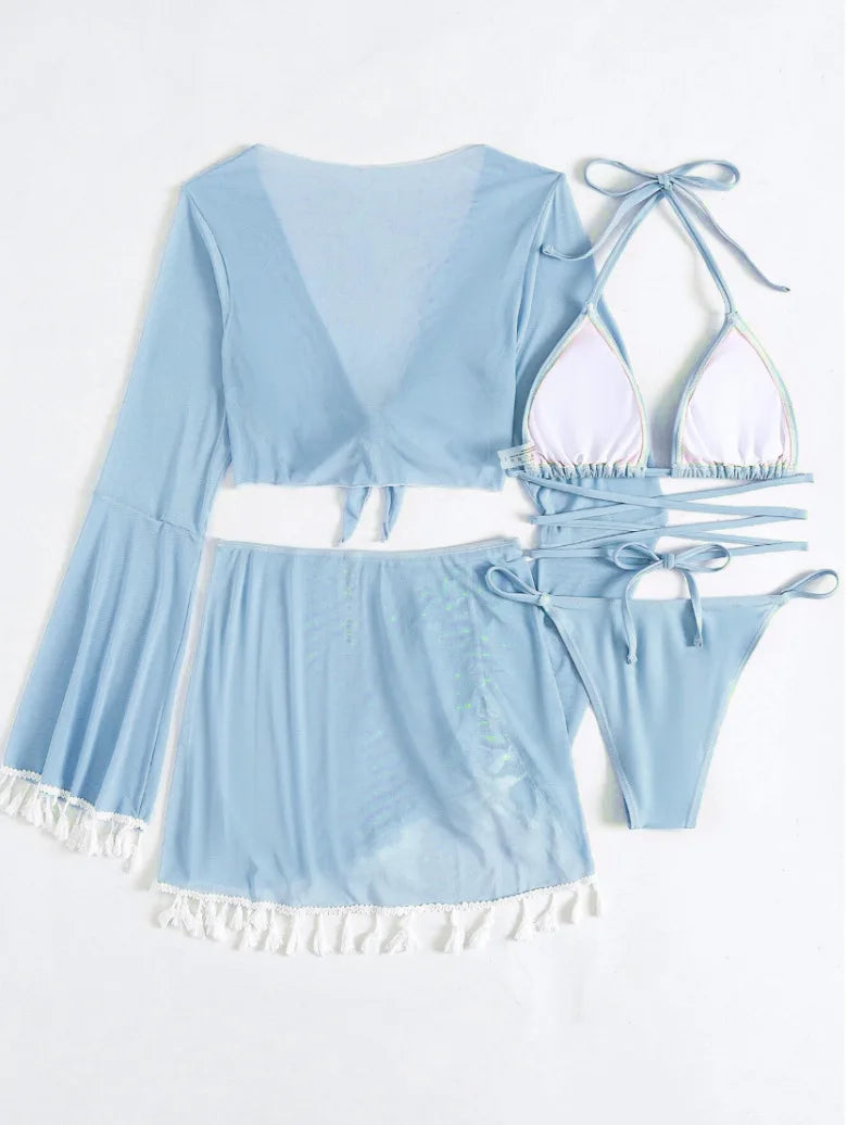 New Conservative Four Piece Solid Color Tassel Hoodie, Mesh Skirt, Bikini Swimsuit for Women