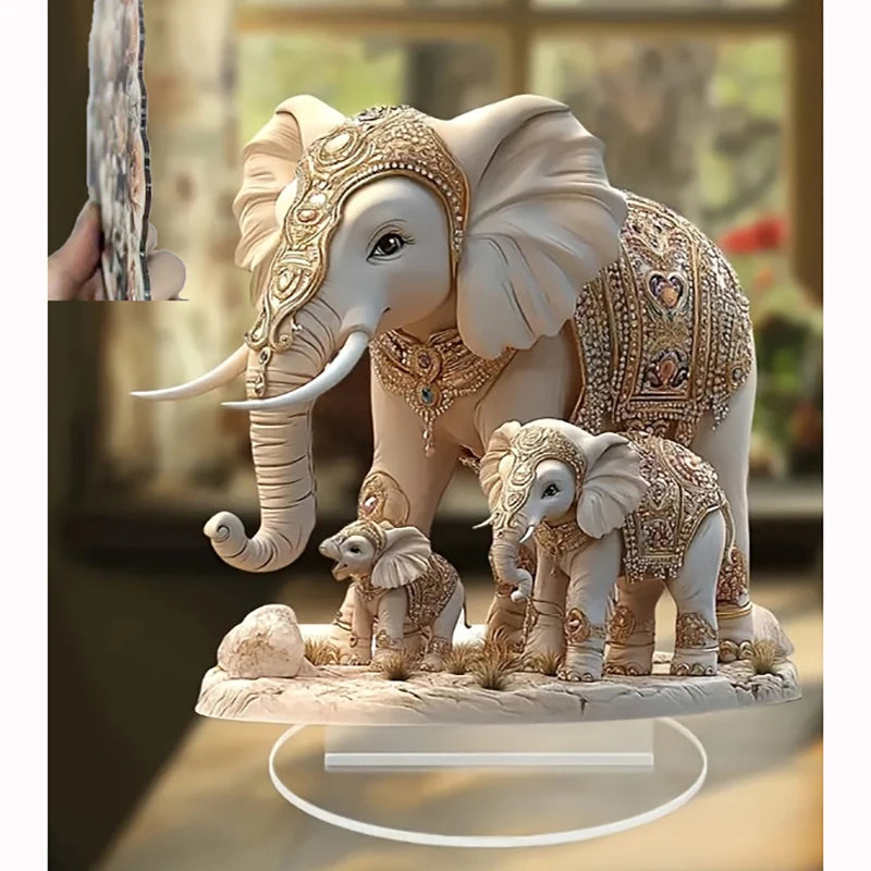 1PC White Elephant Family 2D Flat Acrylic Figurine Home Office Cafe Room Studio Display Case Table Ornament Desktop Decor Kit