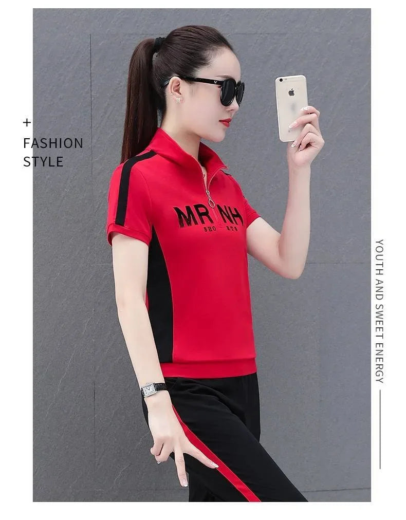 Fashionable Women's Sport Suit Summer New Style Slimming Casual 2-piece Set Age-reducing Running Clothes