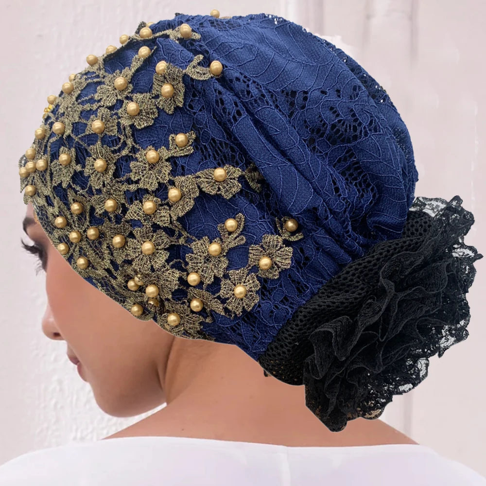 Embroidery Beading Turban Cap for Women Muslim Headscarf Hat Hairloss Chemo Cap African Headwrap Bonnet