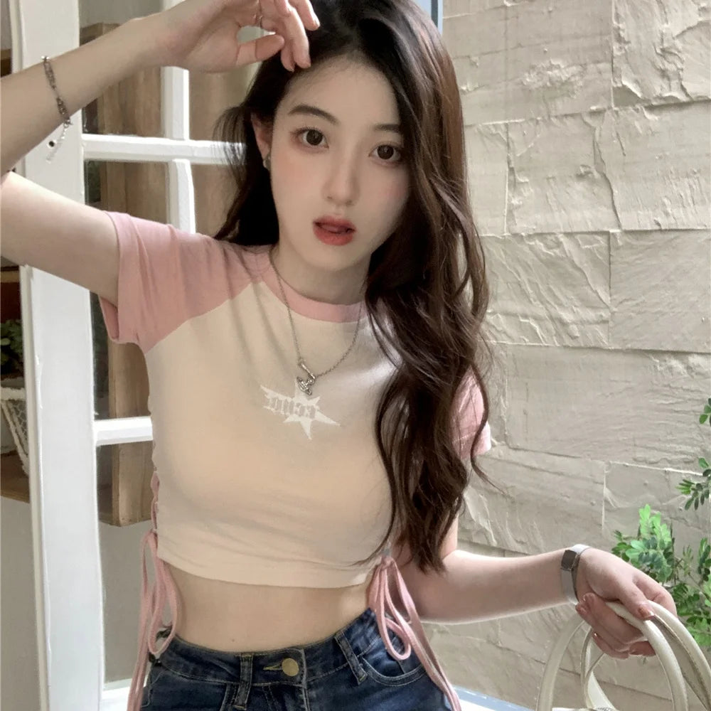 Woman Tshirt Bandage Slim Waist Hollow Out T Shirt Summer Casual T-shirts Crop Tops Shirts for Women