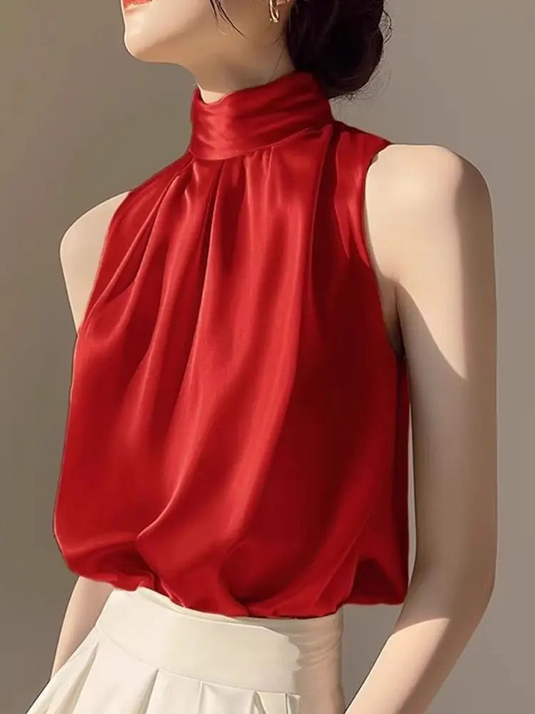 Silkly Satin Sleeveless Crop Top Summer Half Turtleneck Women Pulover Tee Halter Vest Lady Loose Shirts Red party Blouses