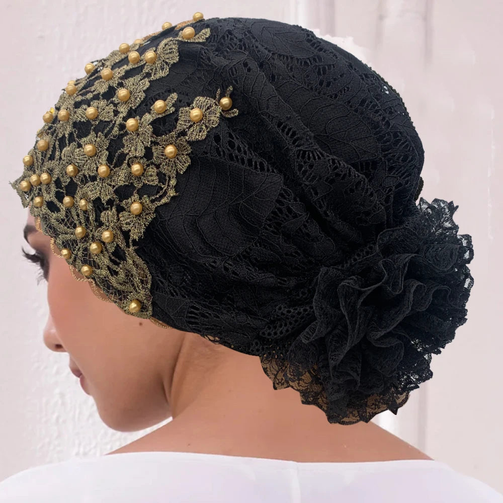 Embroidery Beading Turban Cap for Women Muslim Headscarf Hat Hairloss Chemo Cap African Headwrap Bonnet