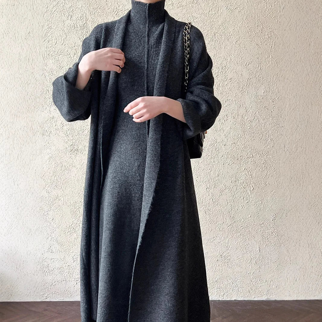 Women Two Pieces Dress Sets Knitted Sweater Matching Suits Sleeveless Long Dress Lengthy Cardigan Casual Y2k Elegant Autumn