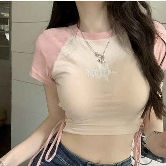 Woman Tshirt Bandage Slim Waist Hollow Out T Shirt Summer Casual T-shirts Crop Tops Shirts for Women