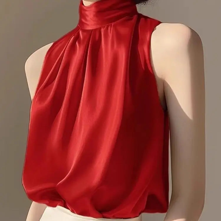 Silkly Satin Sleeveless Crop Top Summer Half Turtleneck Women Pulover Tee Halter Vest Lady Loose Shirts Red party Blouses
