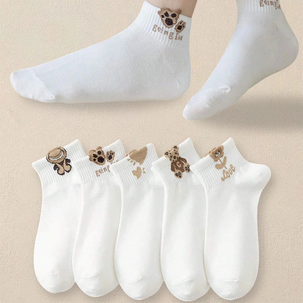 5/10/20 Pairs Women Cartoon Teddy Bear Patterned Ankle Socks Versatile Fashionable Creative Breathable Comfortable Casual Socks cloths