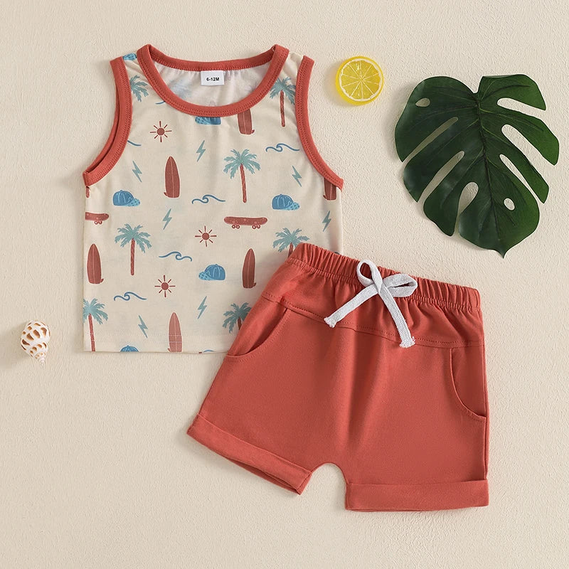 Infant Toddler Boy Summer Clothes Sleeveless Pattern Print Tank Vest Top Solid Jogger Shorts Set Beach Outfit