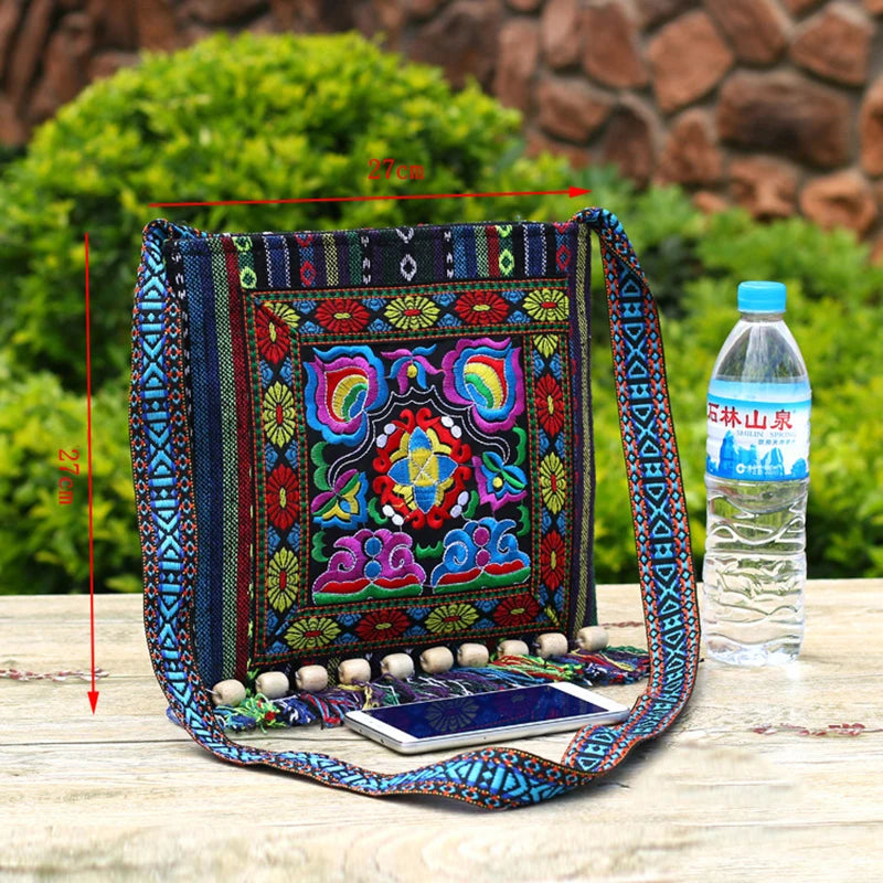 Retro Embroidery Messenger Bag Ethnic Tassel Design Crossbody Shoulder Bag Small Phone Purse and Handbag For Women