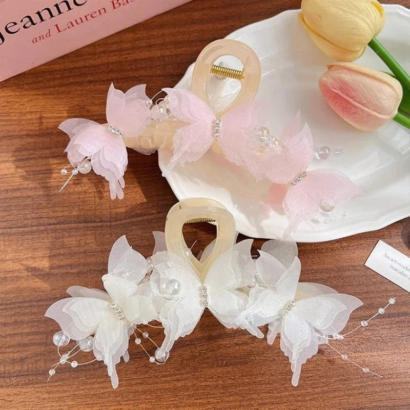New Fashion Simulation Butterfly Hair Clips for Women Elegant Pearl Bow Ponytail Clip Sweet Crab Claw Headdress Hair Accessories