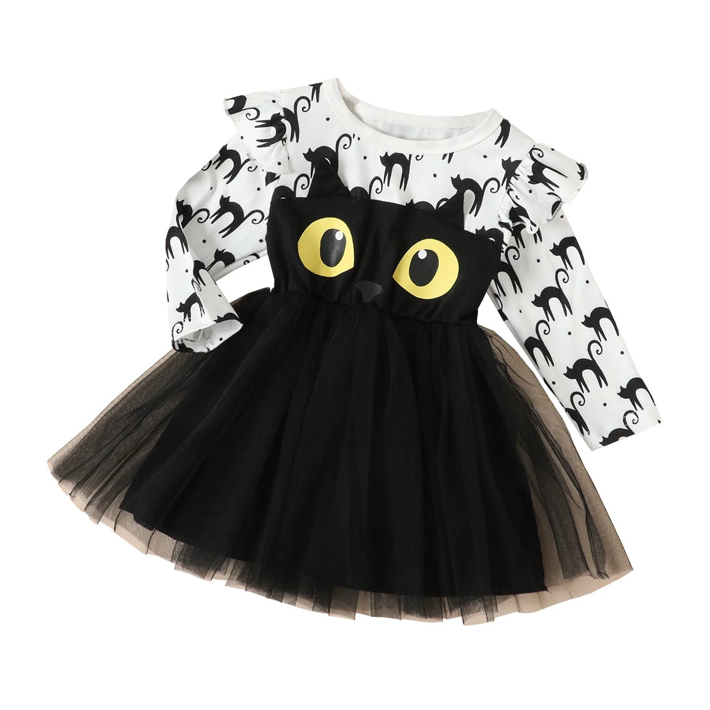 Halloween European American Kid Costume Girl Autumn Dress Long Sleeve Cartoon Black Kitten Printed Tulle Children Princess Dress