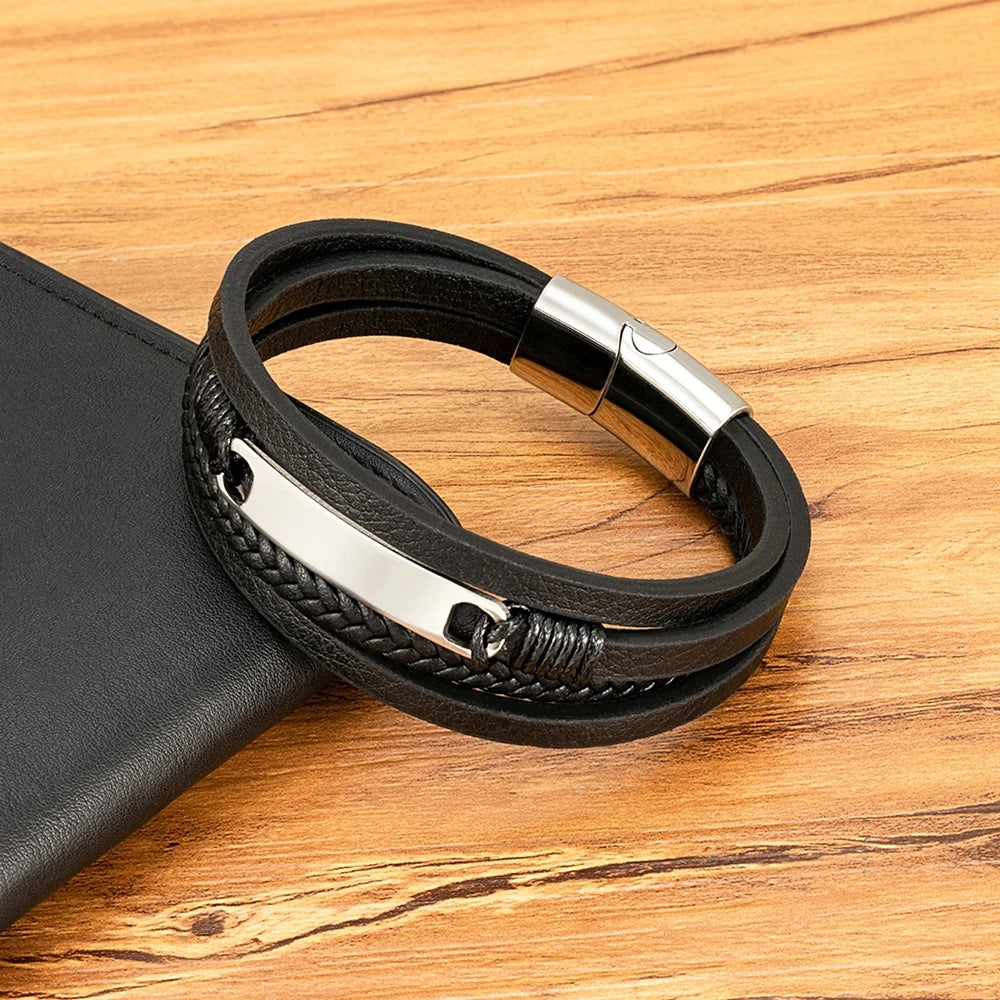 XQNI Multi-layer Braided Leather Wrap Bracelet Men Cool Trend Stainless Steel Casual Buckle Bracelet Jewelry Accessories Gift mon