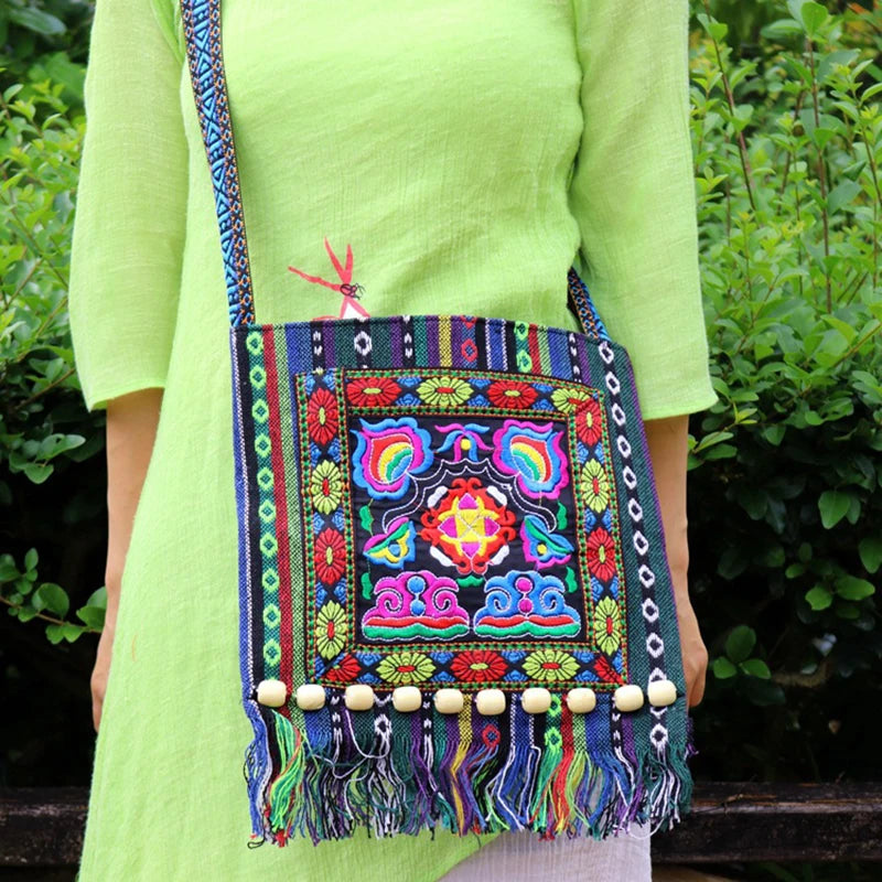Retro Embroidery Messenger Bag Ethnic Tassel Design Crossbody Shoulder Bag Small Phone Purse and Handbag For Women