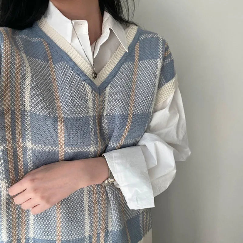 Vintage V-neck Plaid Sweater Vest Women Autumn Winter Vintage Knit Sweaters Pullover Loose Korean Knitwear Tops Pull Femme
