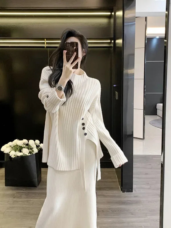 Knitted Sweater Two Piece Set Women's Autumn and Winter Thickened Comfortable Pullover Loose Sweater Tops and Knitted Dress Set