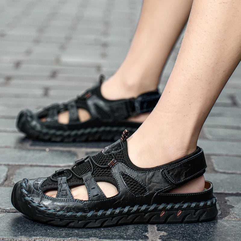 Handmade Summer Sandals Men Breathable Leather Shoes Man Retro Outdoor Men Sandals Antiskid Beach Sandals Hollow Shoes Footwear