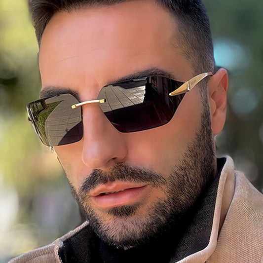 Rimless Men Sunglasses Luxury Brand Curved Lens Summer Traveling Sun Glasses for Women men  Frameless Rectangle Shades mon