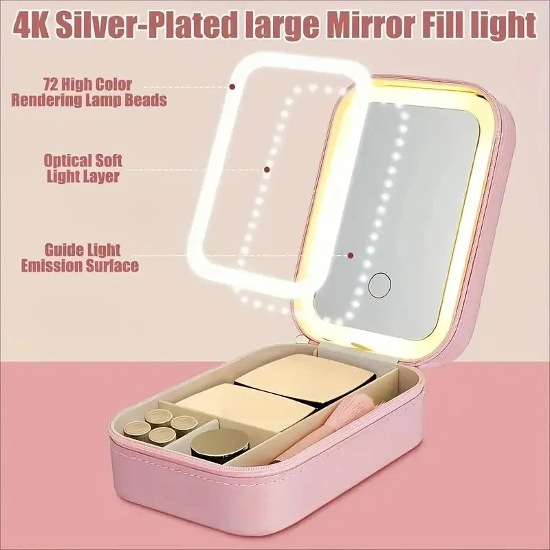 Pink LED Makeup Mirror with Jewelry Storage, 10X Magnification, Touch Control, USB Rechargeable, Compact Foldable Design
