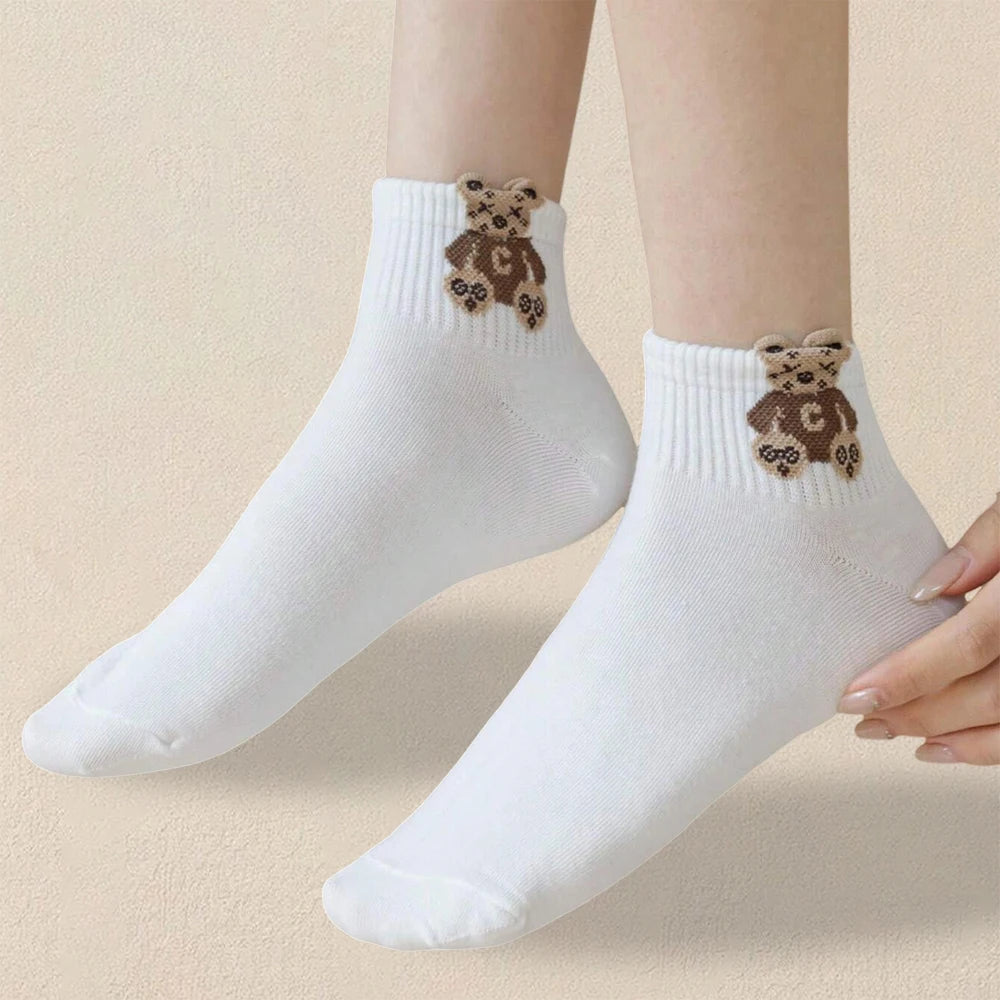 5/10/20 Pairs Women Cartoon Teddy Bear Patterned Ankle Socks Versatile Fashionable Creative Breathable Comfortable Casual Socks cloths