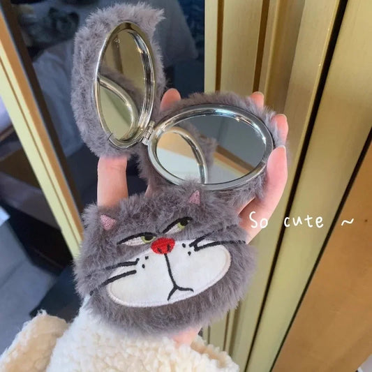 Lucifer Cat Boy and Girl Cartoon Cute Fun Creative Mini Portable Flip Double-Sided Foldable Plush Makeup Mirror for Students