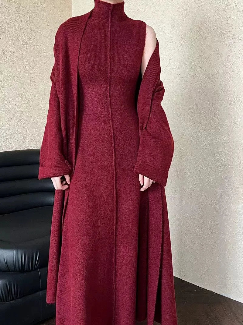 Women Two Pieces Dress Sets Knitted Sweater Matching Suits Sleeveless Long Dress Lengthy Cardigan Casual Y2k Elegant Autumn