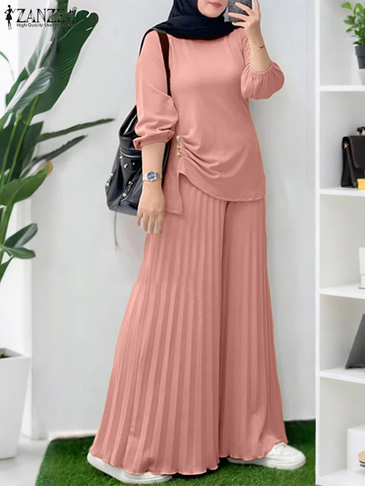 Autumn Matching Sets ZANZEA Outfits Casual Long Sleeve Tops Trousers Suit Solid Loose Tracksuit 2 Pieces Sets