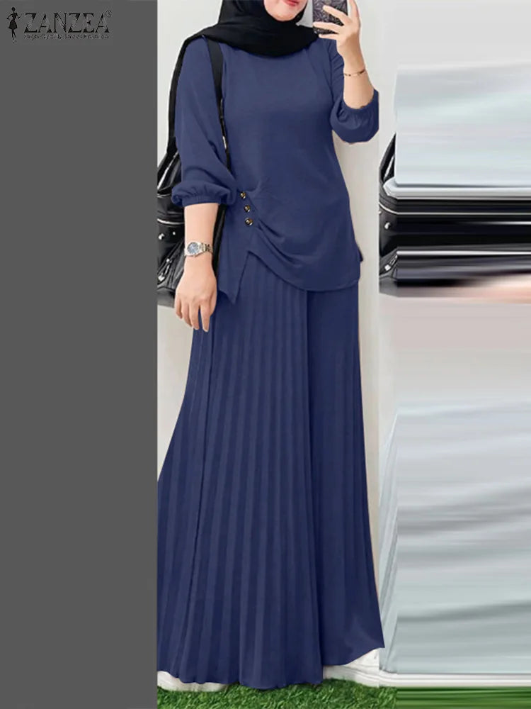 Autumn Matching Sets ZANZEA Outfits Casual Long Sleeve Tops Trousers Suit Solid Loose Tracksuit 2 Pieces Sets
