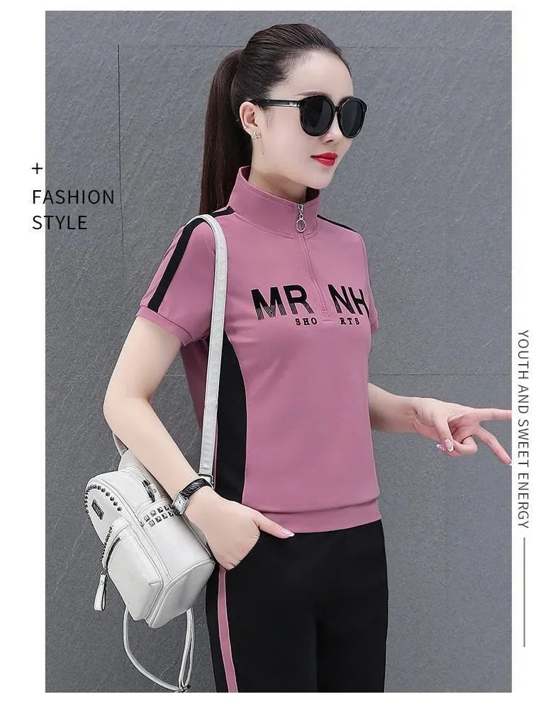 Fashionable Women's Sport Suit Summer New Style Slimming Casual 2-piece Set Age-reducing Running Clothes