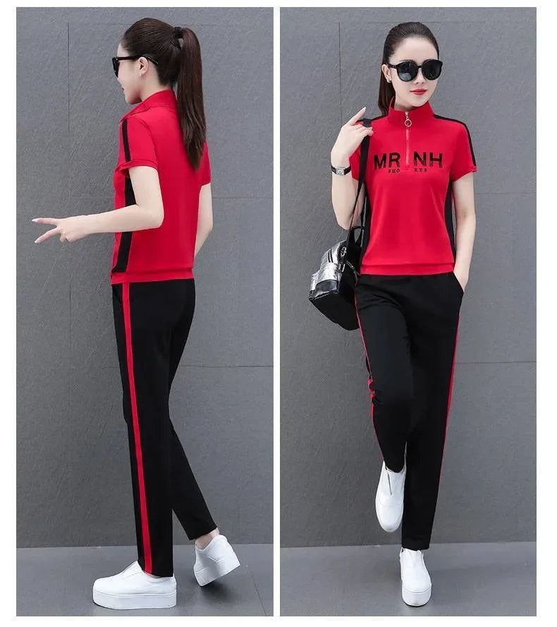 Fashionable Women's Sport Suit Summer New Style Slimming Casual 2-piece Set Age-reducing Running Clothes