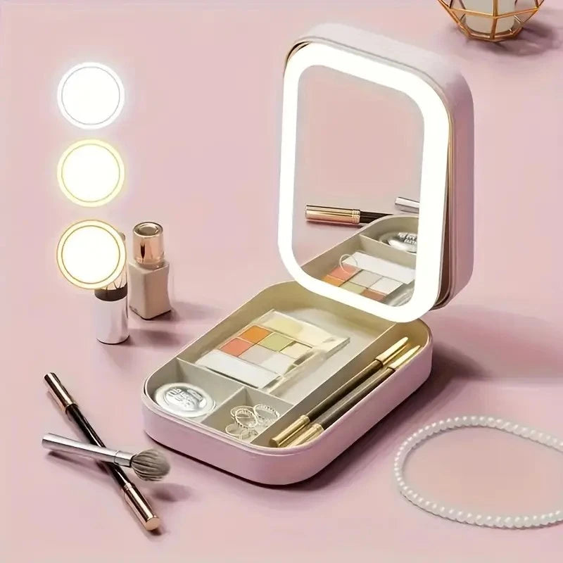 Pink LED Makeup Mirror with Jewelry Storage, 10X Magnification, Touch Control, USB Rechargeable, Compact Foldable Design