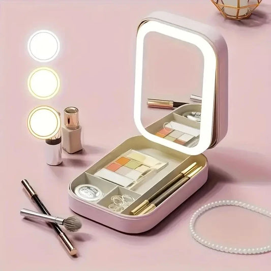 Pink LED Makeup Mirror with Jewelry Storage, 10X Magnification, Touch Control, USB Rechargeable, Compact Foldable Design