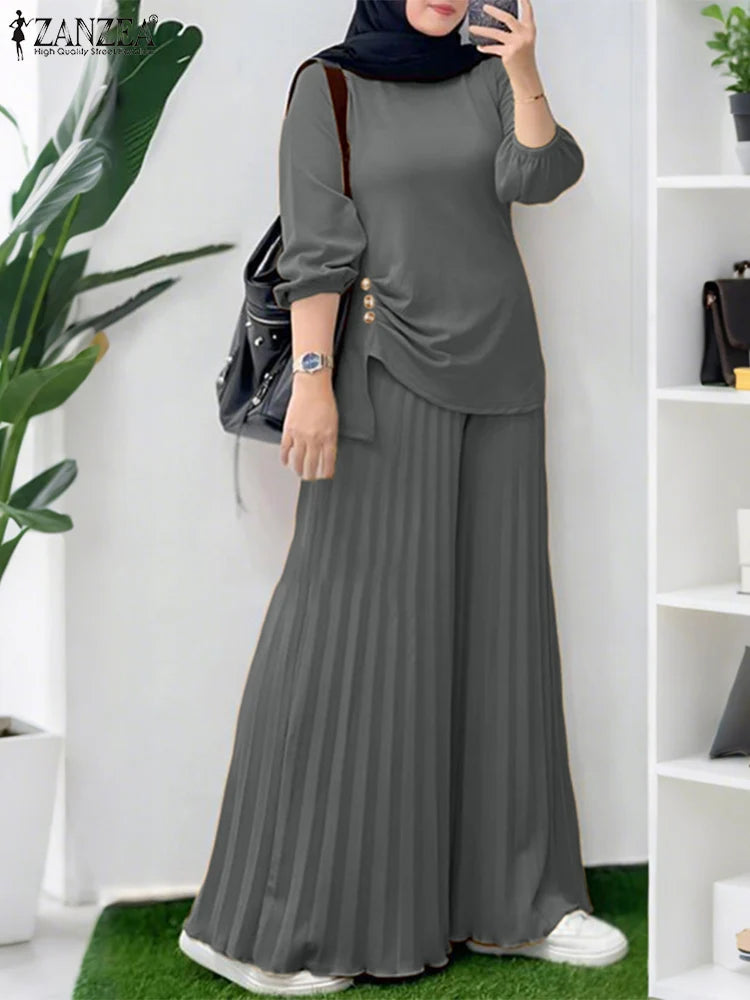 Autumn Matching Sets ZANZEA Outfits Casual Long Sleeve Tops Trousers Suit Solid Loose Tracksuit 2 Pieces Sets