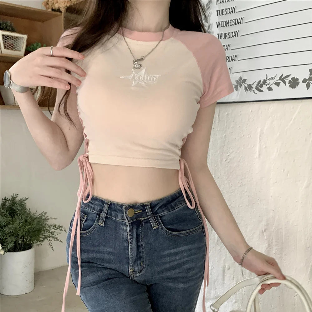Woman Tshirt Bandage Slim Waist Hollow Out T Shirt Summer Casual T-shirts Crop Tops Shirts for Women