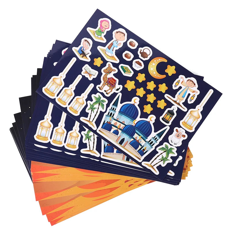 12pcs Eid Mubarak DIY Stickers Kids Gift Puzzle Game Toys Islam Muslim Party Supplies 2025 Ramadan Home Decoration Wall Sticker