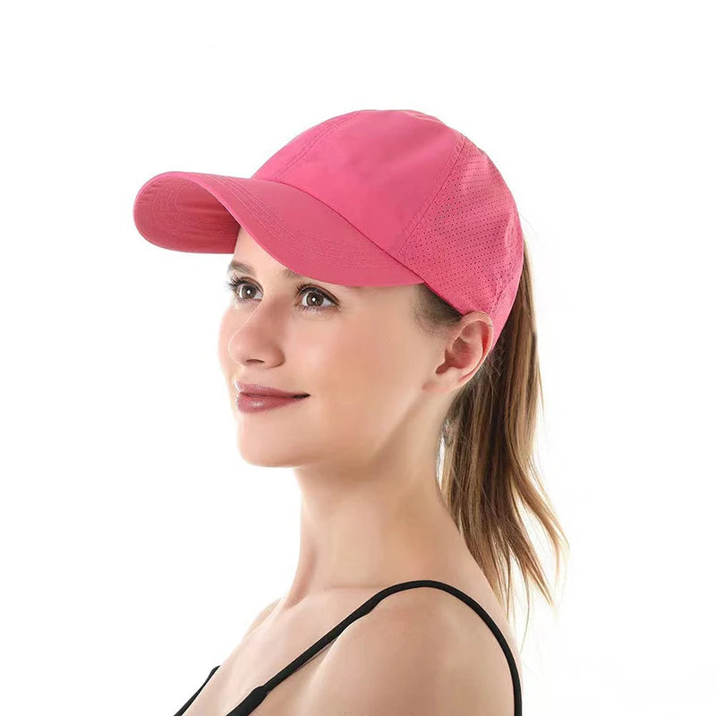 Summer Solid Color Baseball Caps Golf Wear Women Sport Leisure Cross Ponytail Hat Mesh Quick-Drying Half-Hollow