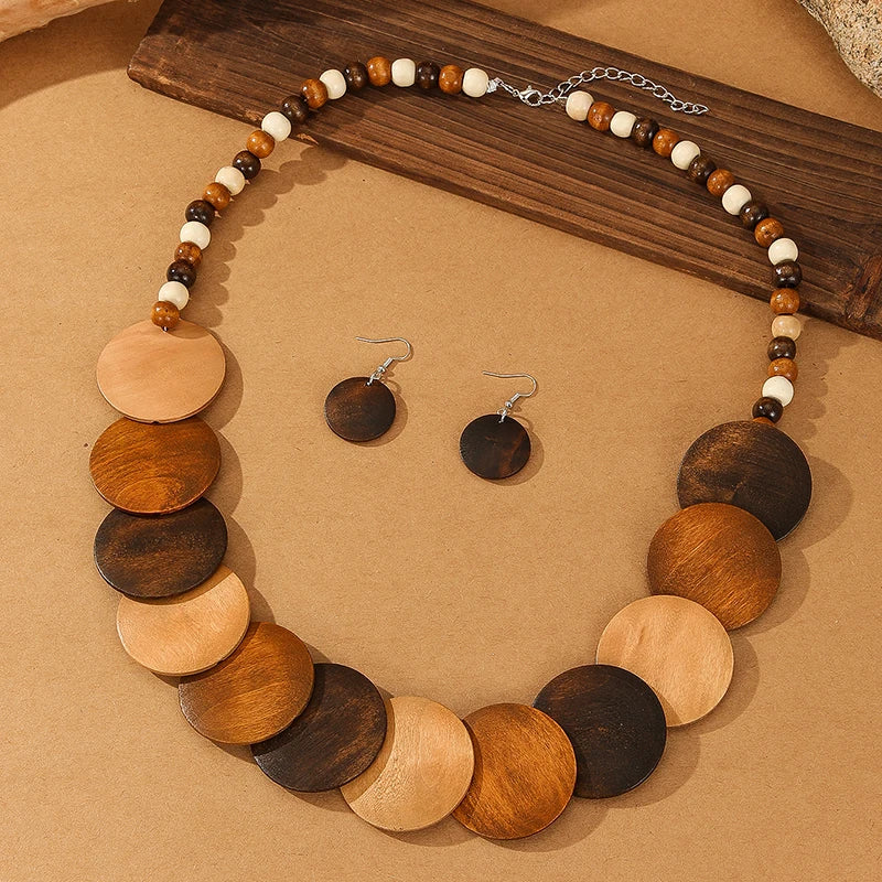 1set Vintage Wood Necklace African Wedding Party Dress Wooden Beads Necklace Earring Jewelry Sets For Women Party Gifts