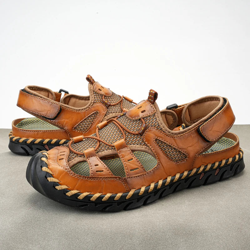 Handmade Summer Sandals Men Breathable Leather Shoes Man Retro Outdoor Men Sandals Antiskid Beach Sandals Hollow Shoes Footwear