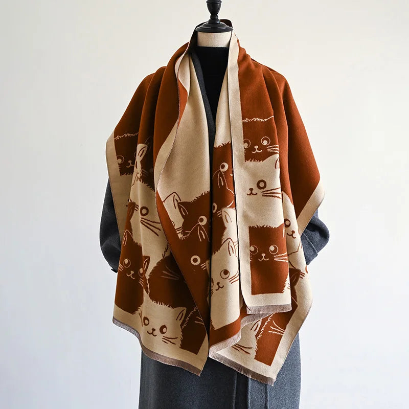 New Fashion Cute Cat Ladies' Jacquard Pashmina Cashmere Scarf Winter Thick Warmth Shawl Coldproof Windproof Blanket Scarf