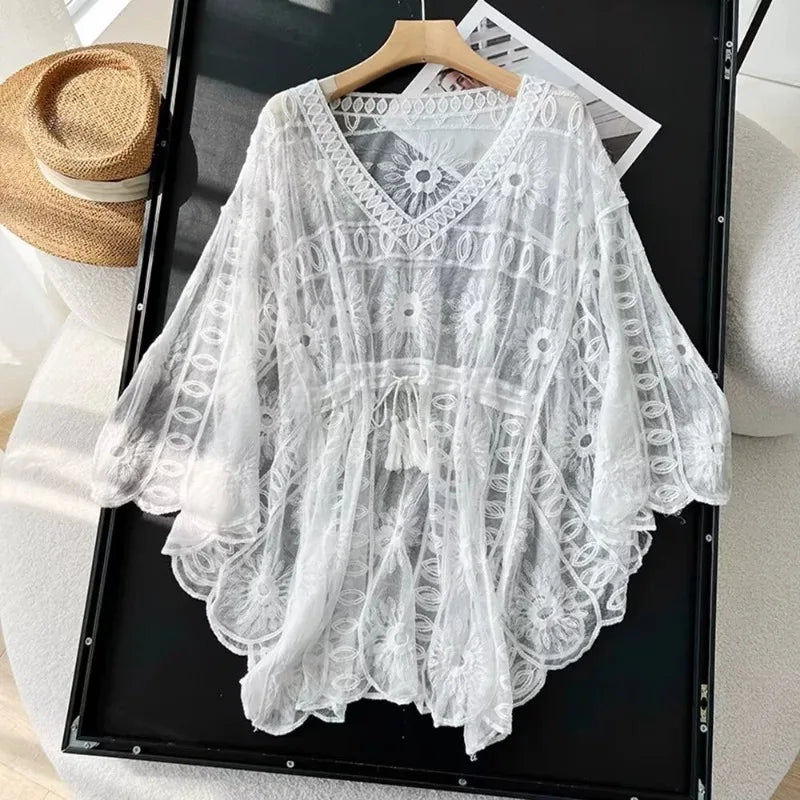 Ladies Blouse V-neck Bat Sleeve Shirt Summer New Loose Plus Size Cloak Waist Sunscreen Shirt Fashion Tops Clothing