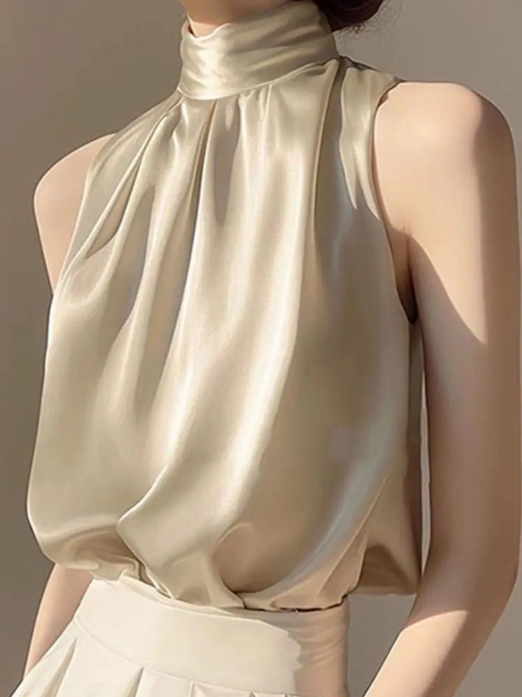 Silkly Satin Sleeveless Crop Top Summer Half Turtleneck Women Pulover Tee Halter Vest Lady Loose Shirts Red party Blouses