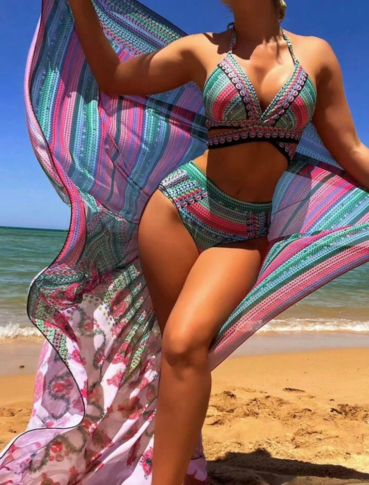 Vintage National Bikini Swimsuit With Mesh Cover Ups Cross Front Halter Bikini 3 Piece Set Blue/Green/Red High Waist Beachwear